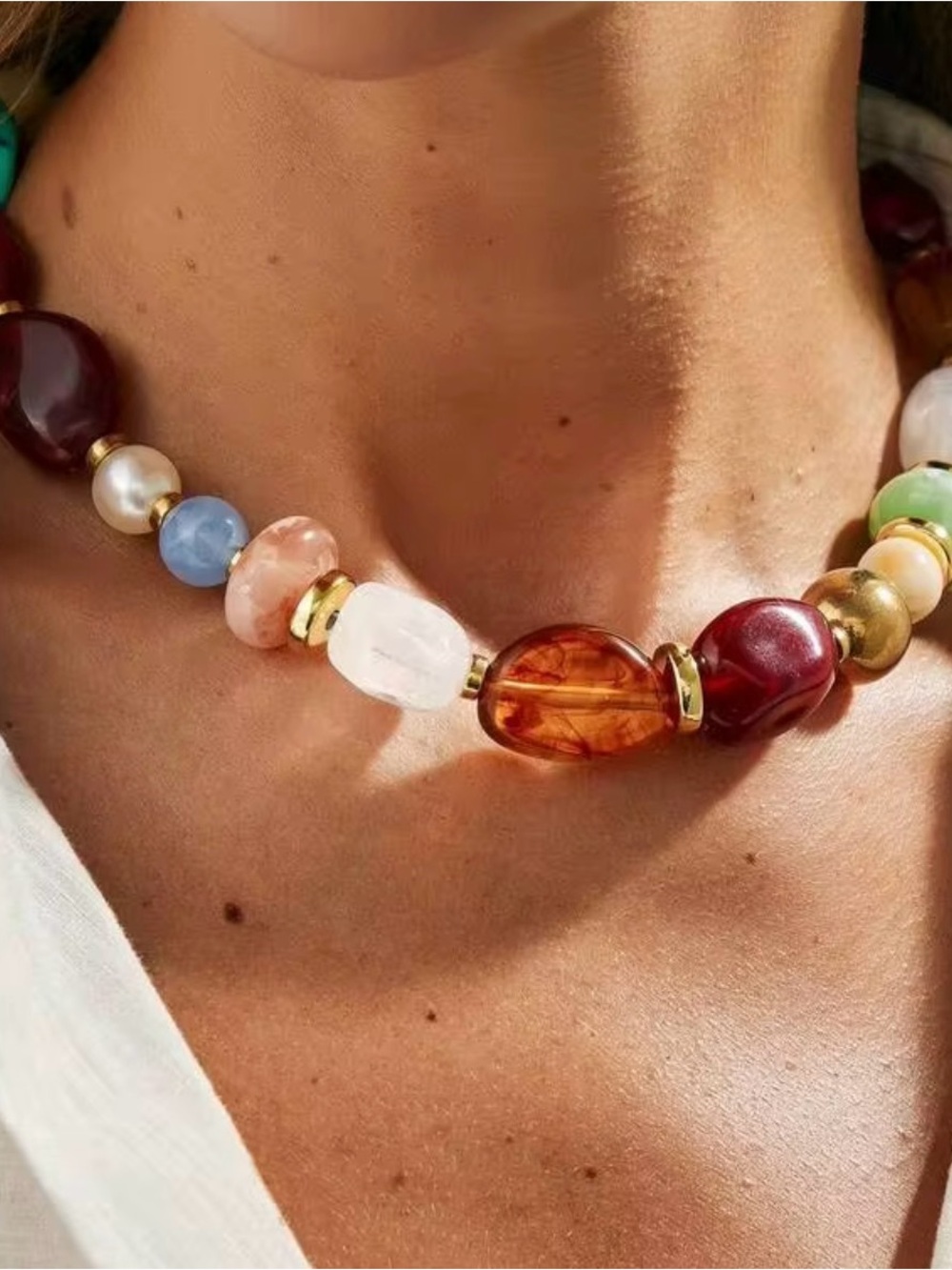 Multicolor Beaded Statement Necklace - Gold Accents